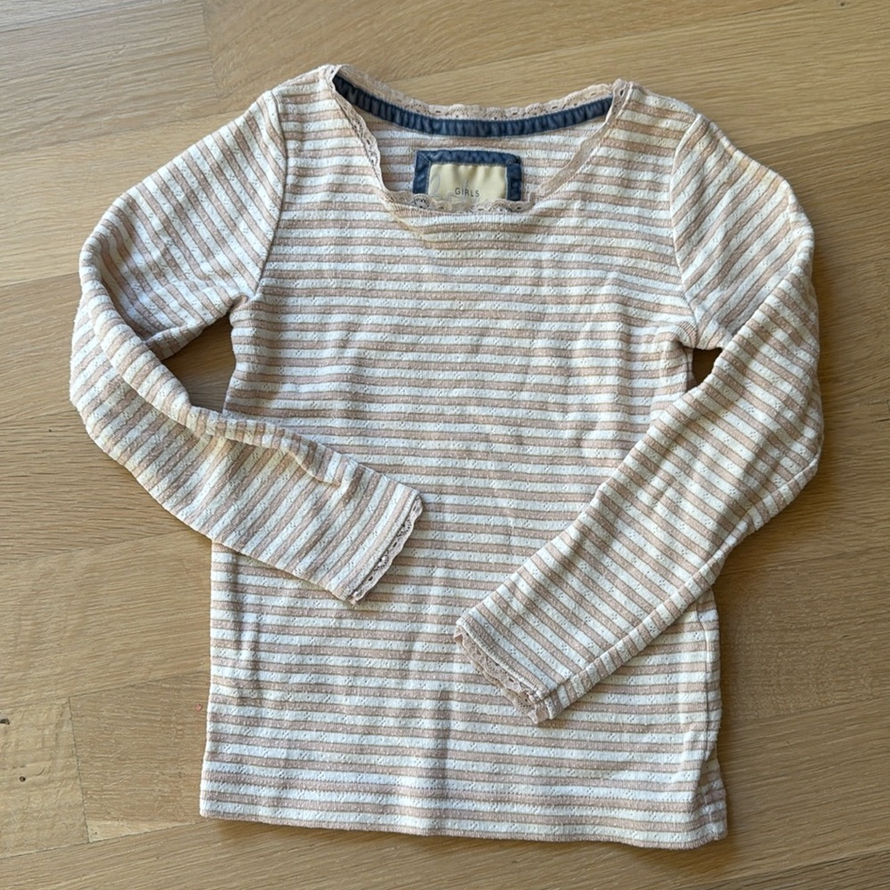 Mini Boden pink gold white striped long sleeve tee with lace collar size 5-6